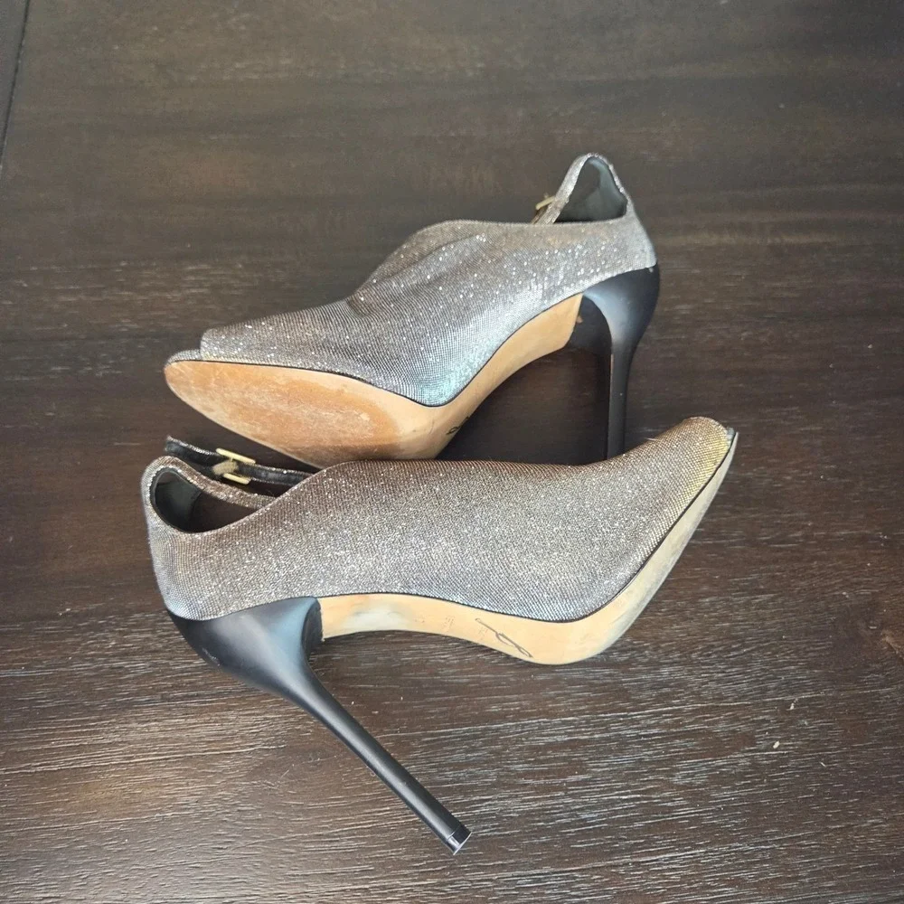 B Brian Atwood Metallic Glitter Peep Toe Ankle Strap Stiletto Heels 10 Italy